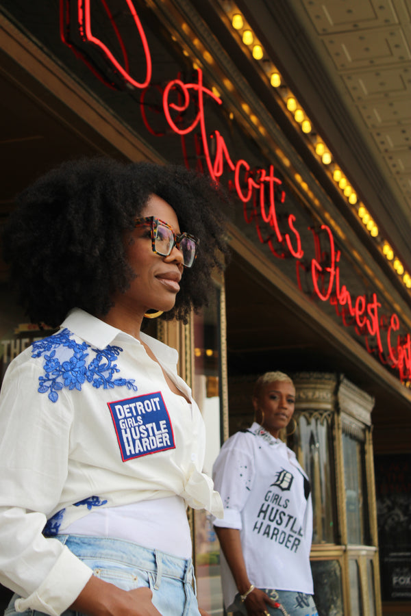 Detroit Blue & White Button up shirt-IloveTruArt Interstate 94 Streetwear