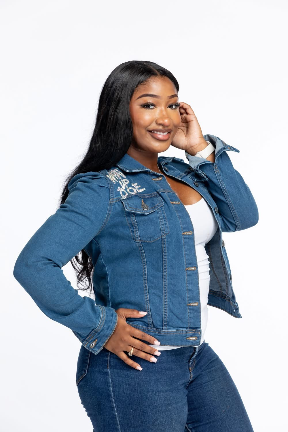 IloveTruArt Diamond-Embellished Puffer Sleeve Denim Jacket