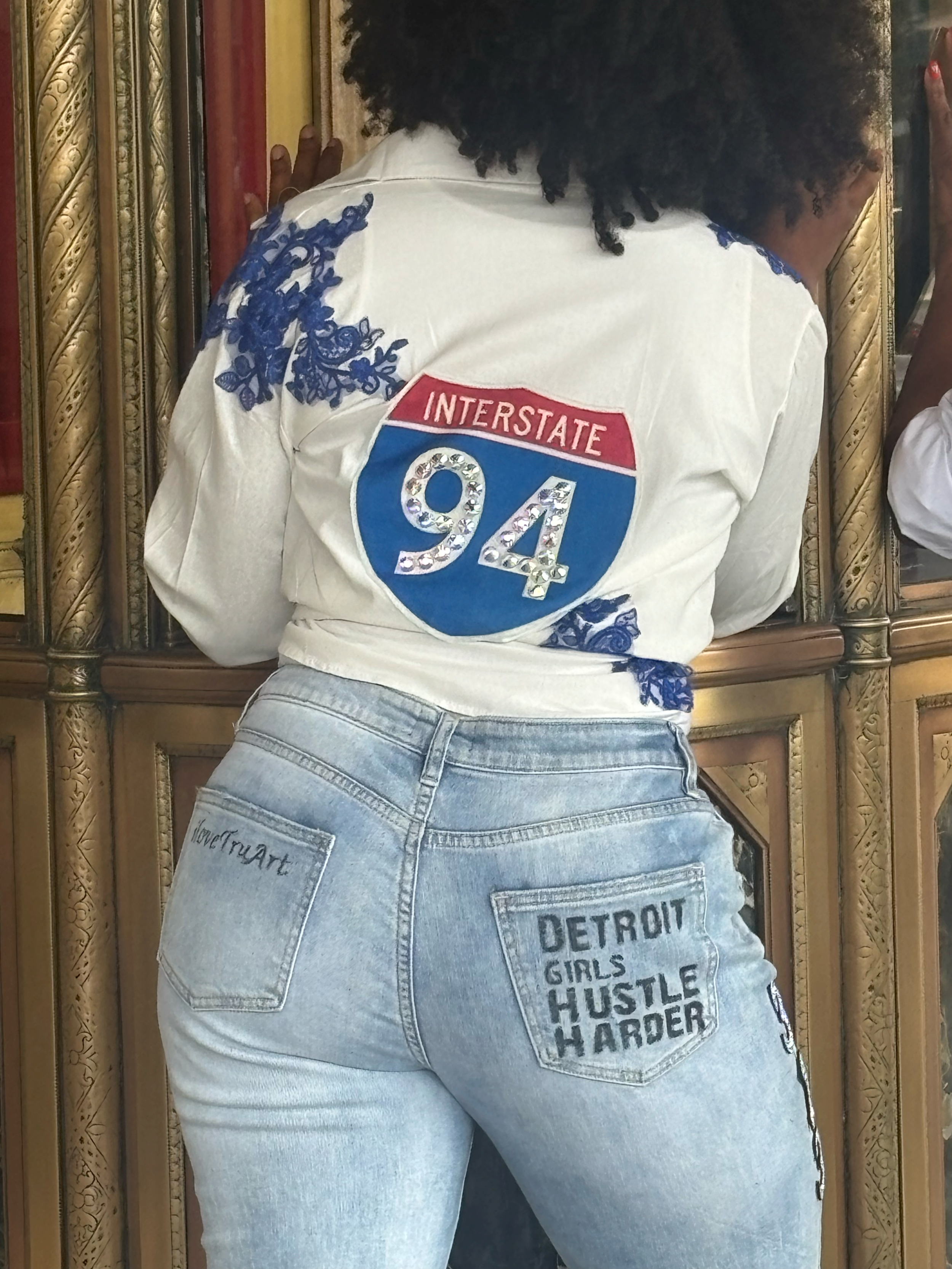 Detroit Blue & White Button up shirt-IloveTruArt Interstate 94 Streetwear