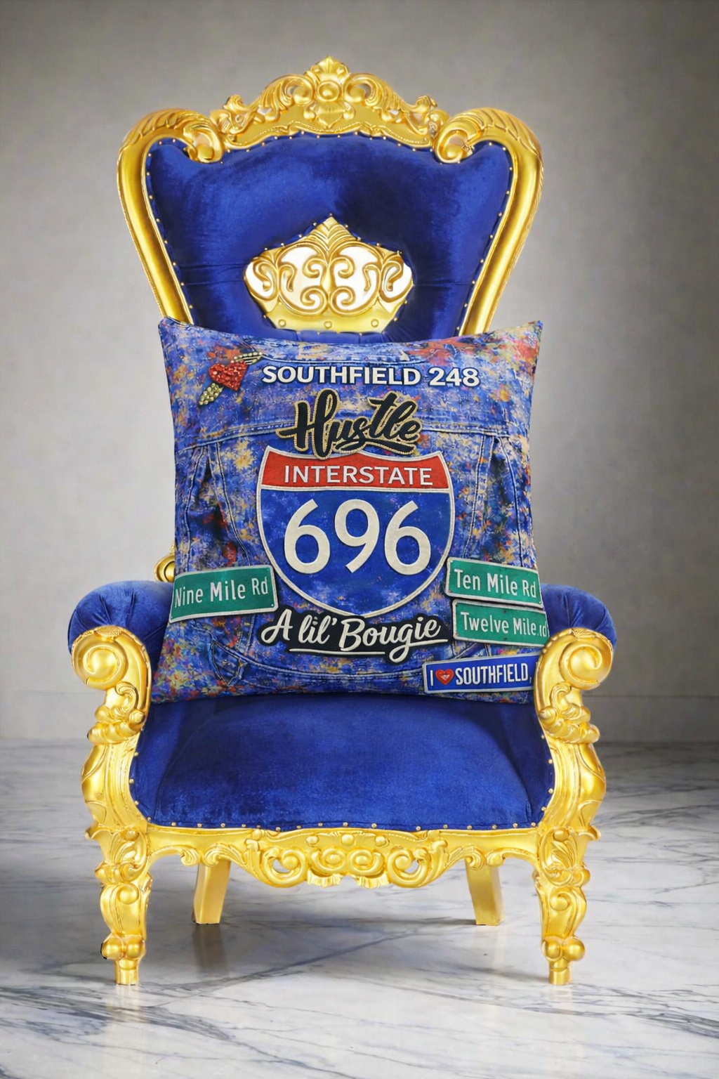 Southfield 248 Interstate 696 Art Pillow | IloveTruArt™ Detroit Denim Design
