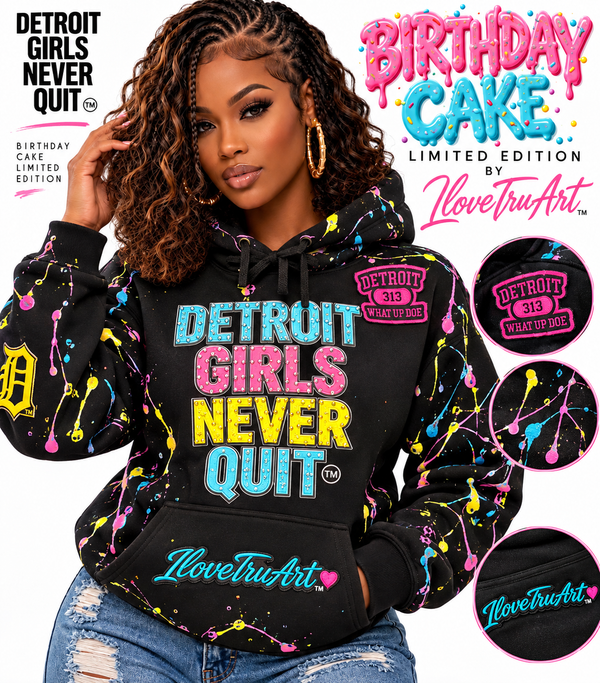 Detroit Girls Never Quit™ Birthday Cake Limited Edition Hand-Painted Rhinestone Hoodie | IloveTruArt™