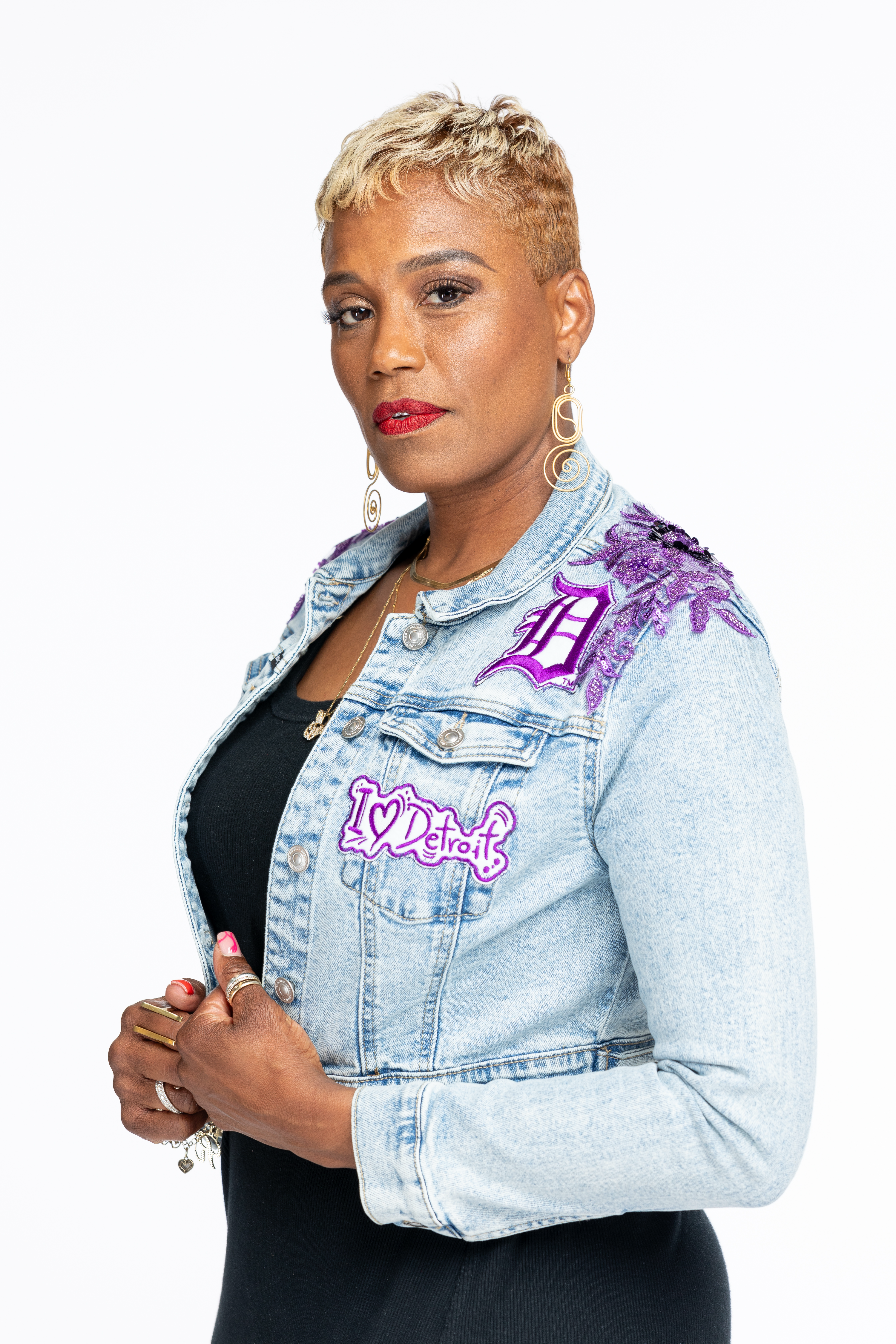 IloveTruArt Purple Detroit License Plate Cropped Denim Jacket
