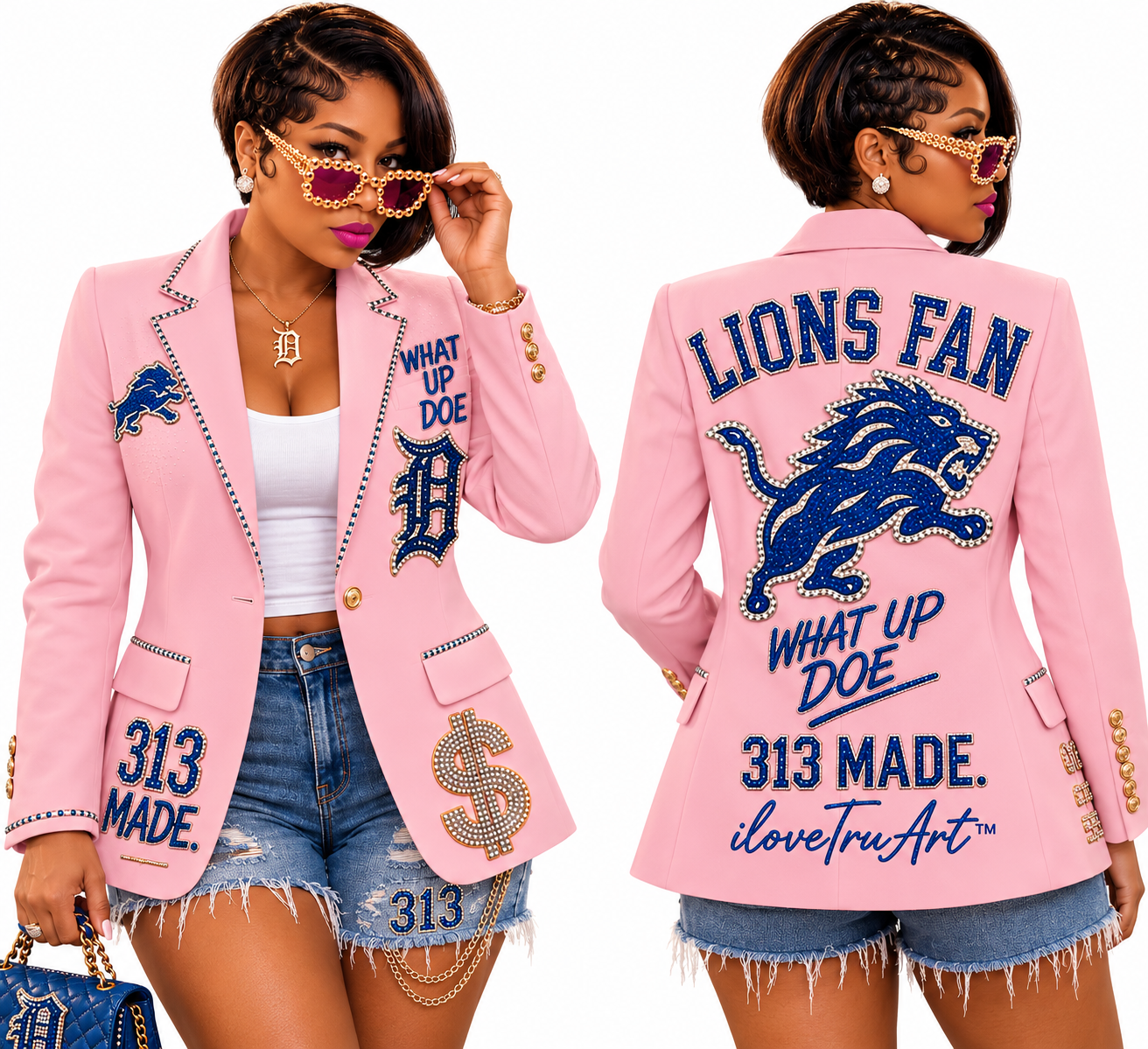 Pink Detroit Lions Fan Blazer | DTF & Rhinestones | IloveTruArt™