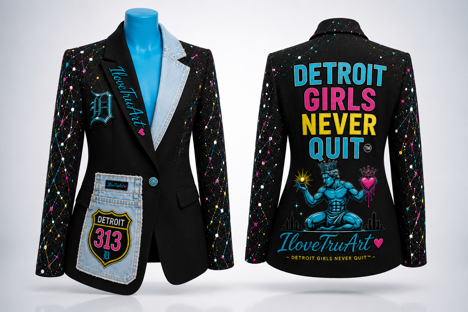 Detroit girls never quit blazer with light denim and splat paint