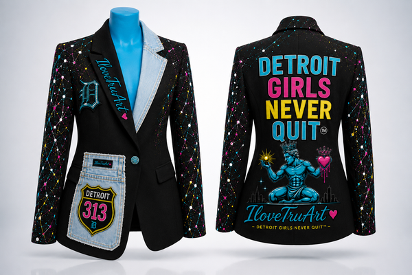 Detroit girls never quit blazer with light denim and splat paint
