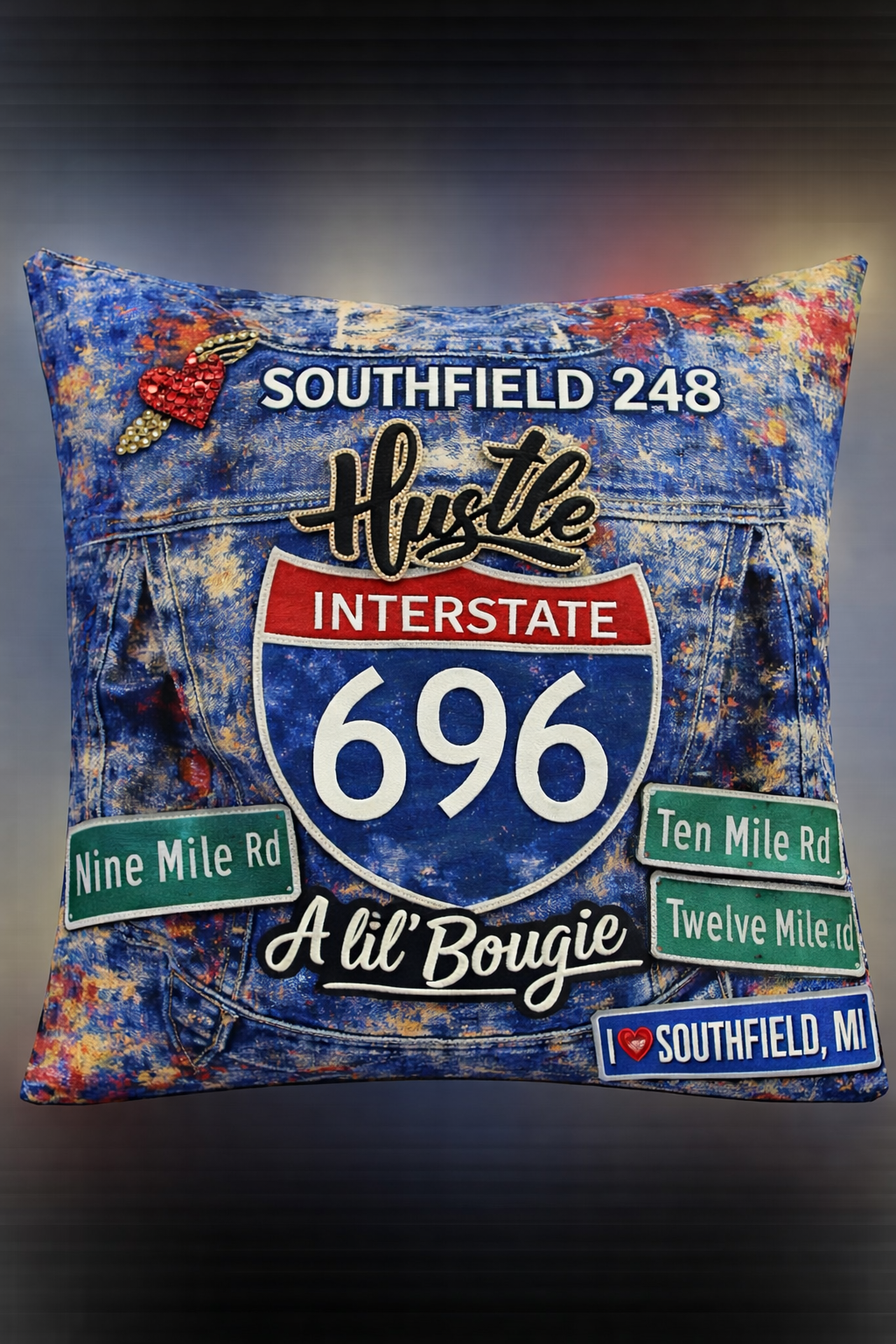 Southfield 248 Interstate 696 Art Pillow | IloveTruArt™ Detroit Denim Design