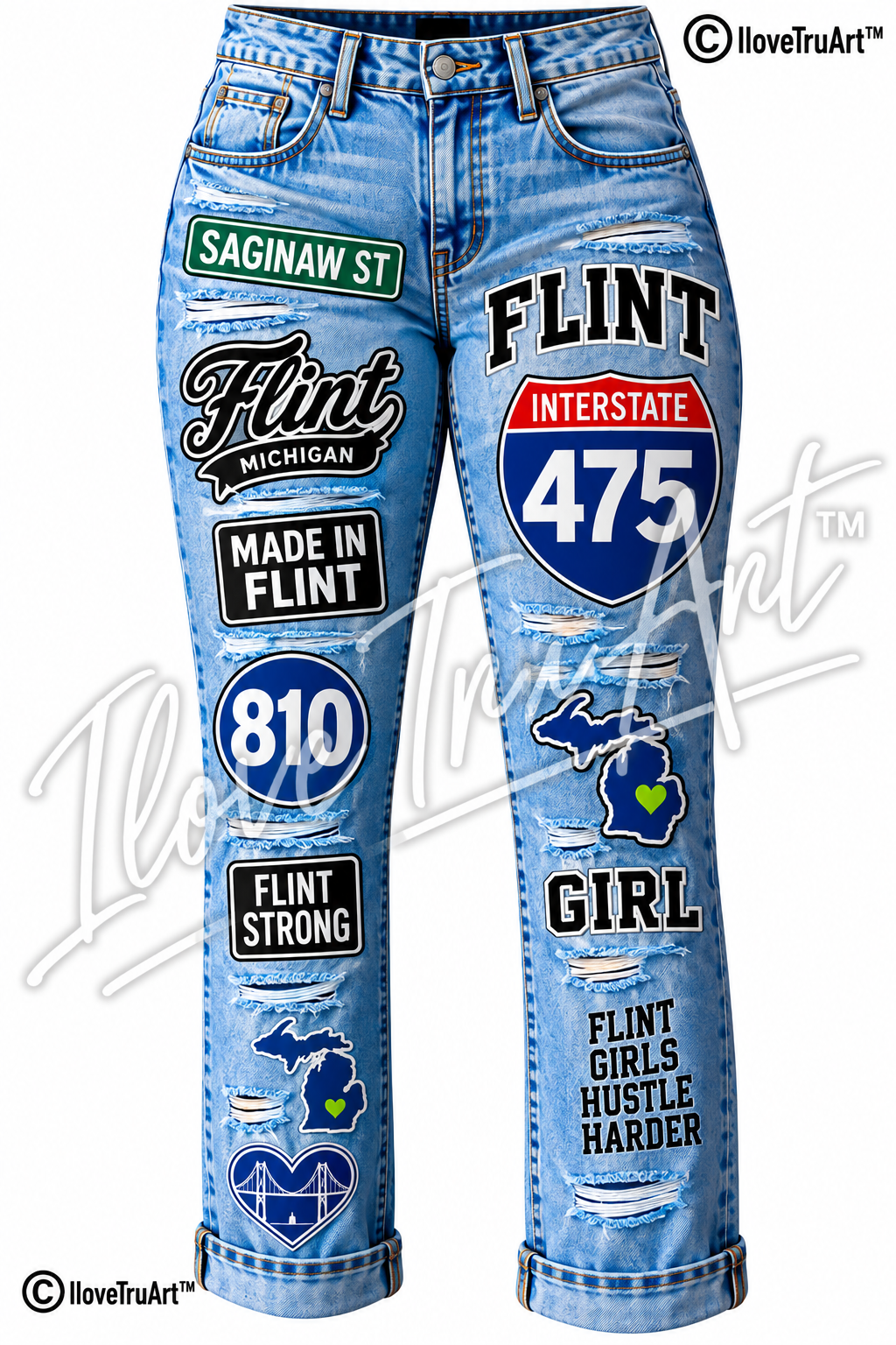 Flint Girl 810 Custom Denim Jeans | Michigan Wearable Art | IloveTruArt Please call to make changes to jeans