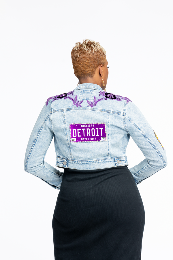 IloveTruArt Purple Detroit License Plate Cropped Denim Jacket