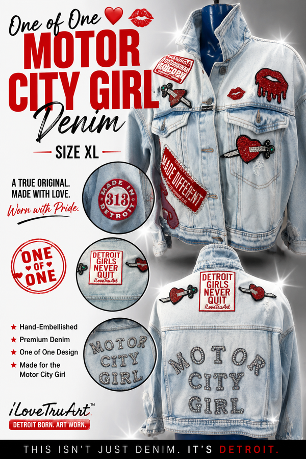 One of One ❤️💋 Motor City Girl Denim Jacket – Size XL | IloveTruArt™