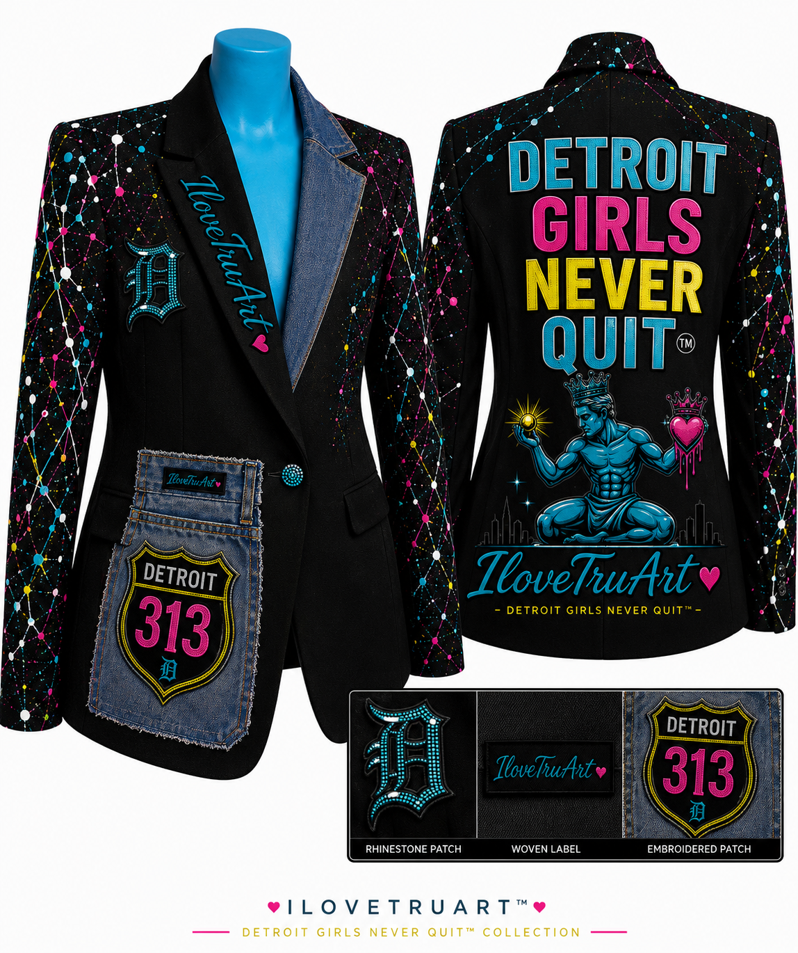 Detroit girls never quit blazer with dark denim and splat paint