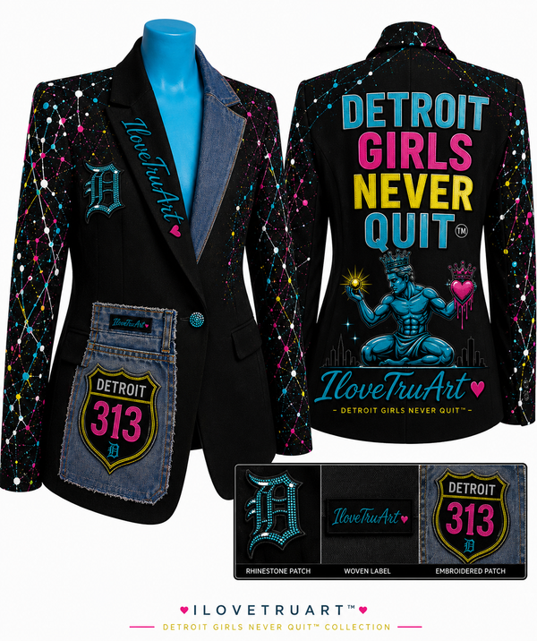 Detroit girls never quit blazer with dark denim and splat paint
