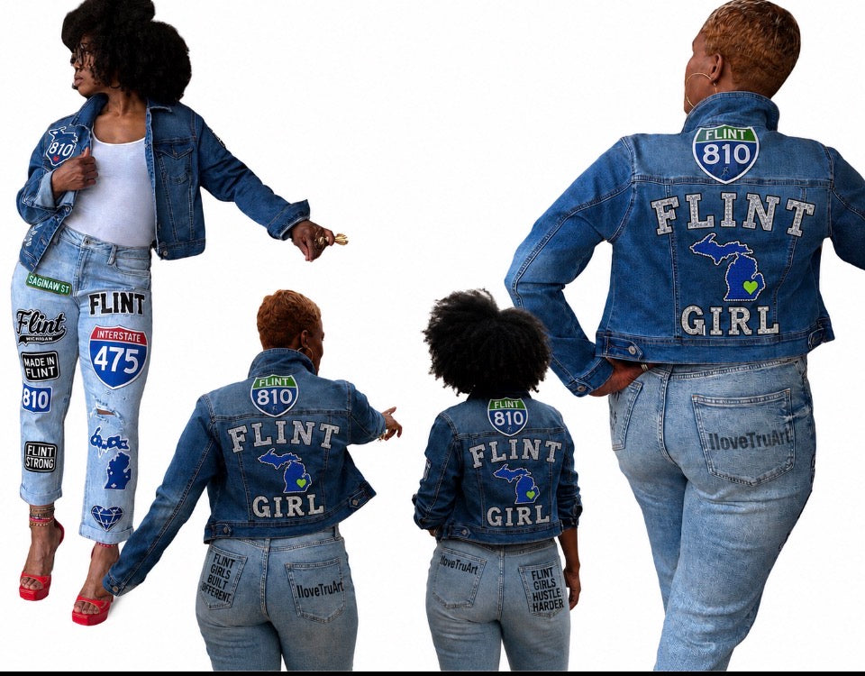 Flint Girl 810 Custom Denim Jacket | Michigan | IloveTruArt™ Back side only