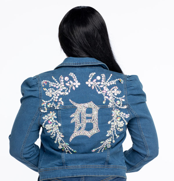 IloveTruArt Diamond-Embellished Puffer Sleeve Denim Jacket